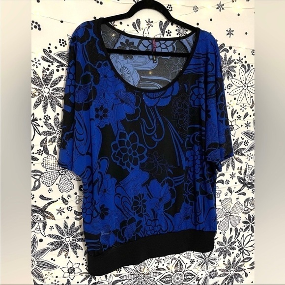 Blue and black sparkly shimmer short sleeve plus size blouse - Picture 2 of 8